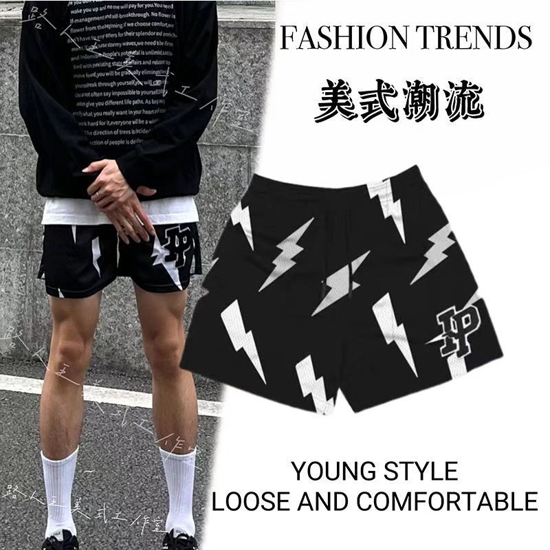 Lightning American Basketball Sports Shorts Mens Knee High Street Casual Quarter Pants Fitness Training Breathable Summer