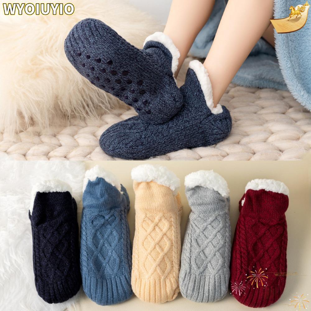WYOIUYIO ถุงเท้าอุ่น,|ทอผ้าหนา V-Mouth Fluffy Slipper Socks, Antiskid Velvet Foot Sole Glue Application Sleep Socks