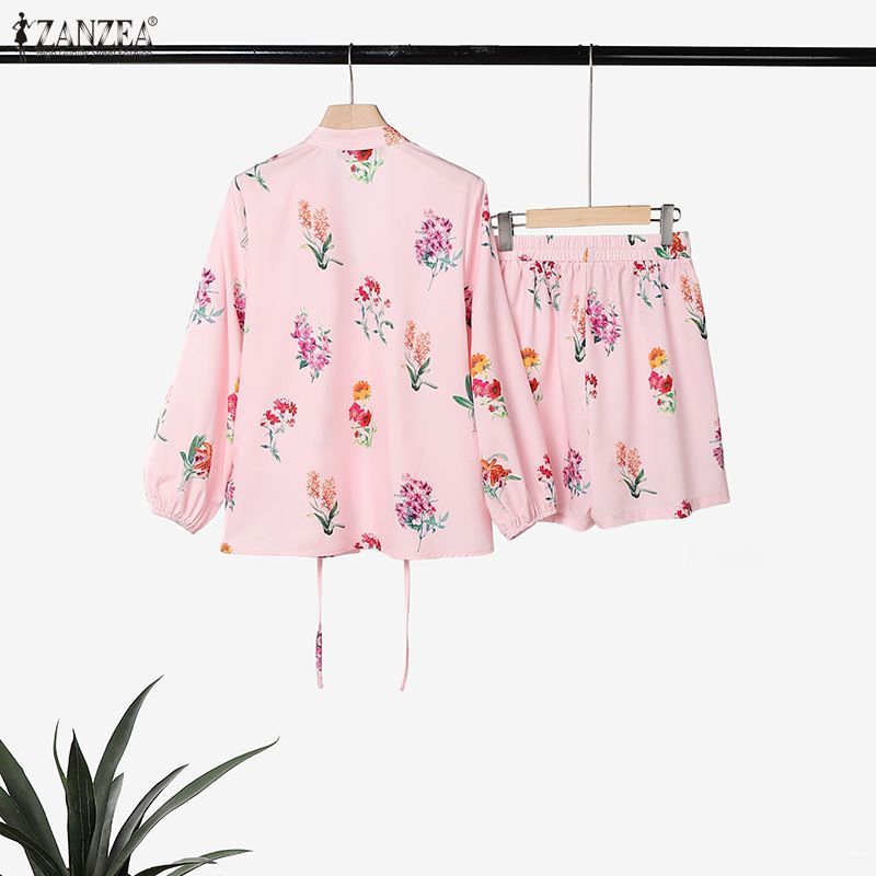 ZANZEA ผู้หญิงเกาหลี Boho วันหยุดสไตล์ V คอโคมไฟแขนปุ่มตกแต่งขากว้างดอกไม้พิมพ์ Tops & กางเกงขาสั้น — صورة 8