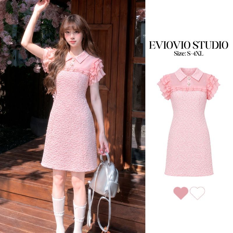 【S-4XL】EVIOVIO เดรสเจ้าหญิง Princess Style ผ้าดอกนูนดูแพง เดรสออกงาน แขนระบาย พรางหุ่น ชุดสาวอวบ
