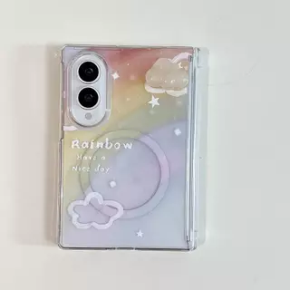 Aesthetic Dual Magnetic Rainbow Pattern 3D Cloud Case with Cloud Bracket for Samsung Galaxy Z Fold 8 Wide Z Fold 8 ฝาหลัง
