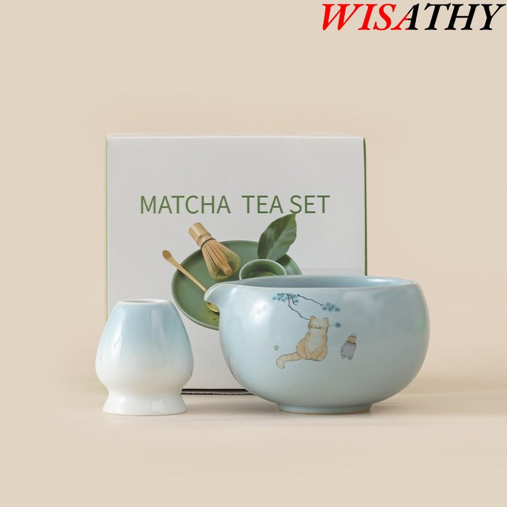 WISATHY 2/4/5/7PCS ชามมัทฉะ, แมวเท Spout Matcha Whisk Holder, สีชมพูเซรามิคนํากลับมาใช้ใหม่มัทฉะทําชุดคนรักชา