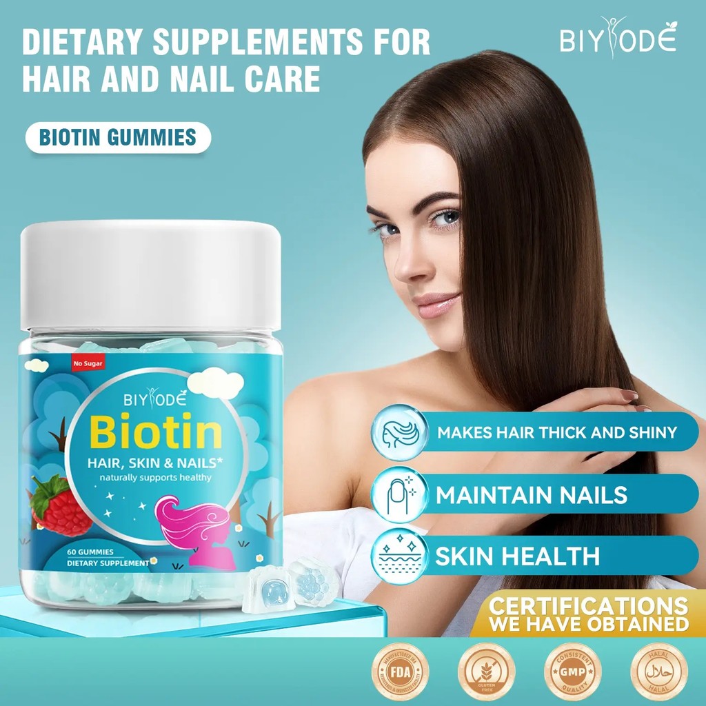 BIYODE Biotin Gummies สําหรับเสริมเส้นผม | 5000mcg Biotin & 200mg คอลลาเจน | พร้อมวิตามิน A, D3, B12