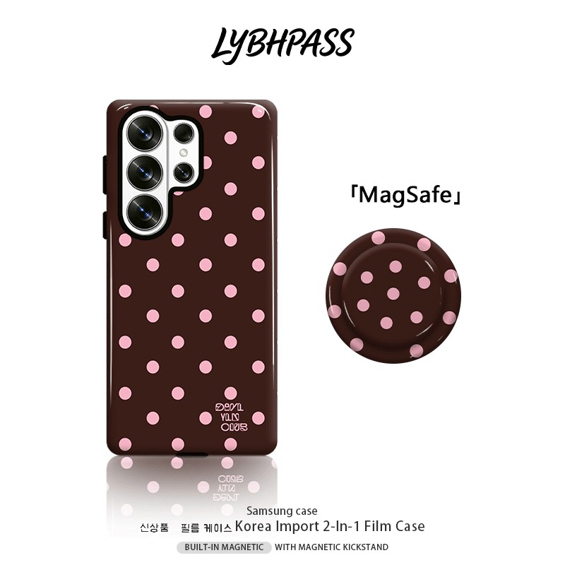 เคสซัมซุง+มีขาตั้งแม่เหล็ก แม่เหล็ก MagSafe polkadot ลายจุดสีชมพูพื้นสีน้ำตาล ขอบ2ชั้น เคส Samsung galaxy s20 fe s21 s22 plus s23 s24 s25 edge s26 ultra note20 ultra 5G เปิดเลนส์ กันกระแทก โทรศัพท์ มือถือ case