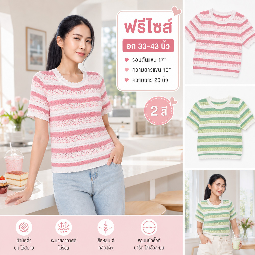 เสื้อไหมพรมถักแขนสั้นลายทางสีพาสเทล แต่งขอบหยักลอนน่ารัก สไตล์เกาหลี