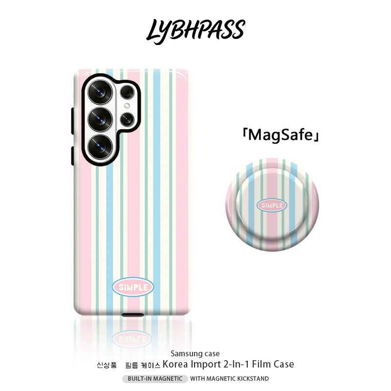 เคสซัมซุง+มีขาตั้งแม่เหล็ก แม่เหล็ก MagSafe สีชมพู สีฟ้า สีครีม ริ้วแนวตั้ง ขอบ2ชั้น เคส Samsung galaxy s20 fe s21 s22 plus s23 s24 s25 edge s26 ultra note20 ultra 5G เปิดเลนส์ กันกระแทก โทรศัพท์ มือถือ case
