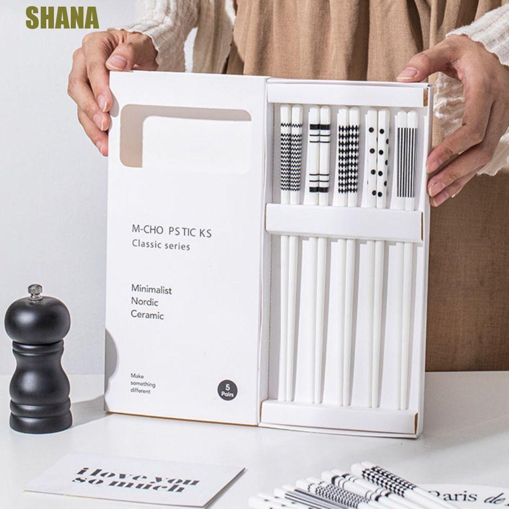 SHANA ตะเกียบซูชิ 5 คู่, ตะเกียบเซรามิกสไตล์ Ins ป้องกันการลวก, แฟชั่นรูปแบบเรขาคณิตร้านอาหารจีนเรียบง่าย