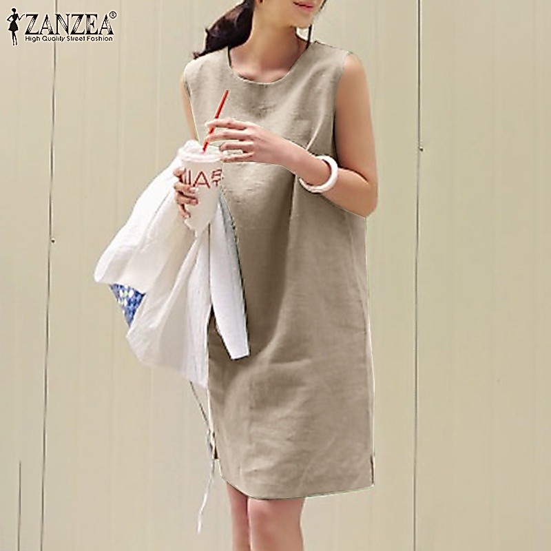 Zanzea ชุดเดรสสั้น แขนกุด ผ่าข้าง สีพื้น เรียบง่าย สําหรับผู้หญิง — صورة 5