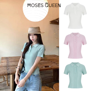 MOSESQUEEN เสื้อถักนิตติ้งสีน้ําเงินอย่างมากของผู้หญิงสําหรับฤดูร้อนน้ําหนักเบาเสื้อโปโลสไตล์วัยรุ่นแขนสั้น #69076