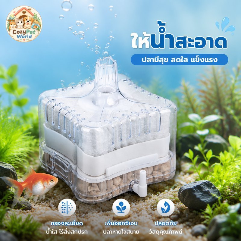 cozy pet world ตัวกรองตู้ปลา ฟองน้ำกรอง ต่อปั๊มลม USB กรองน้ำ เพิ่มออกซิเจน เงียบ ใช้กับตู้ปลา 40 ลิตร