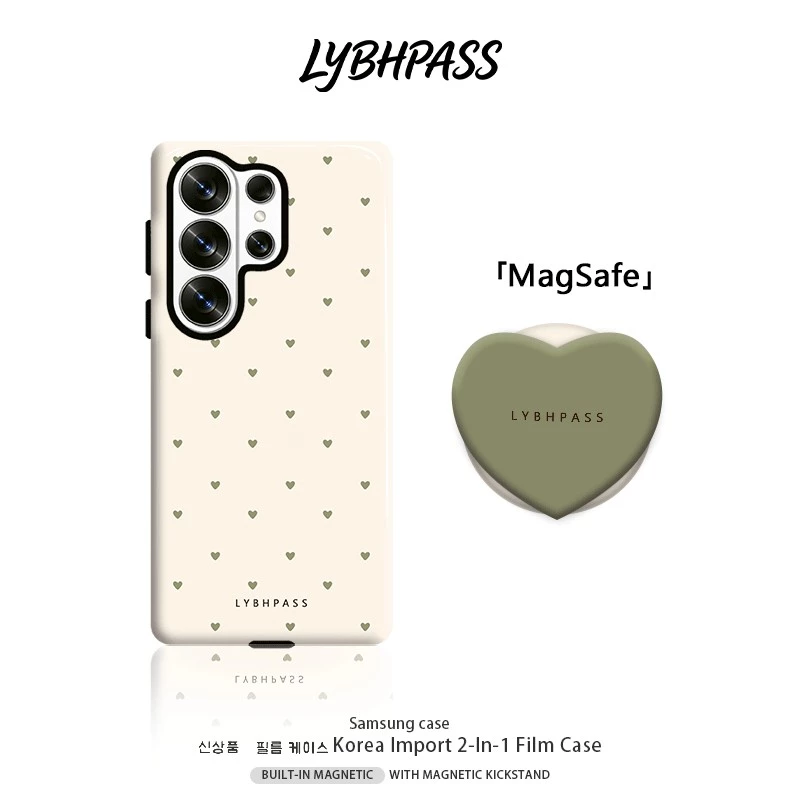 คสซัมซุง+มีขาตั้งแม่เหล็ก แม่เหล็ก MagSafe หัวใจเล็ก สีเขียว สีครีม ขอบ2ชั้น เคส Samsung galaxy s20 fe s21 s22 plus s23 s24 s25 edge s26 ultra note20 ultra 5G เปิดเลนส์ กันกระแทก โทรศัพท์ มือถือ case