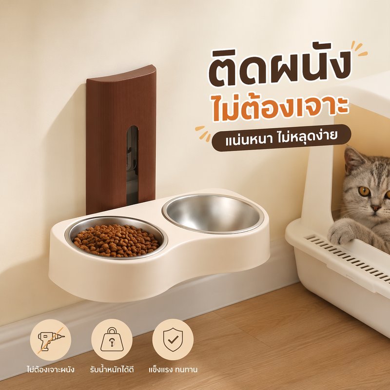 ชามอาหารแมวติดผนัง แบบคู่ ปรับความสูง ไม่ต้องเจาะรู ชามสแตนเลส ชามอาหารหมา ถอดล้างง่าย