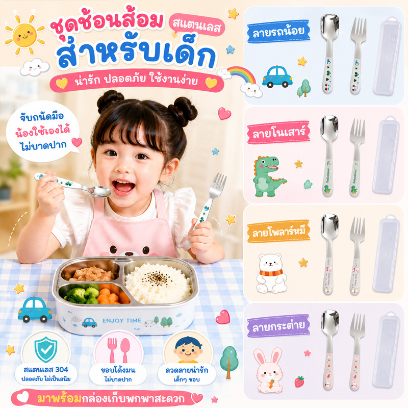 พร้อมส่ง ชุดช้อนส้อมเด็ก สแตนเลส304 พร้อมกล่อง ช้อนส้อมฝึกกินข้าว