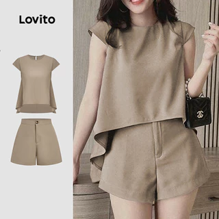 Lovito ชุดกางเกงขาสั้นแคชชวลพร้อมพลีท สำหรับฤดูใบไม้ผลิ/ฤดูร้อน สีคากี L154ED206