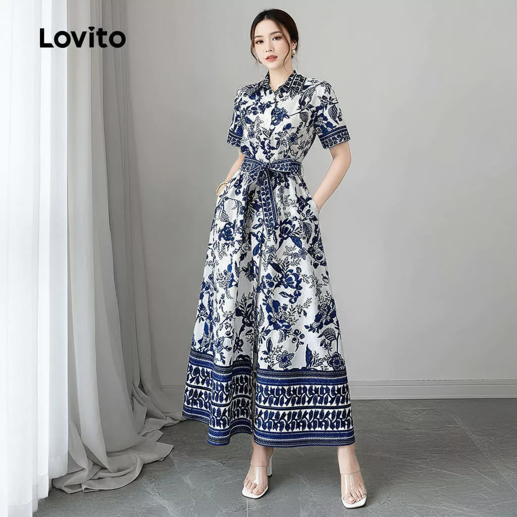 Lovito วันหยุด กระโปรงผู้หญิง ผูกเชือก ติดกระดุมหน้า สีกรมท่า ฤดูใบไม้ผลิ ฤดูร้อน สําหรับสุภาพสตรี L154LD175