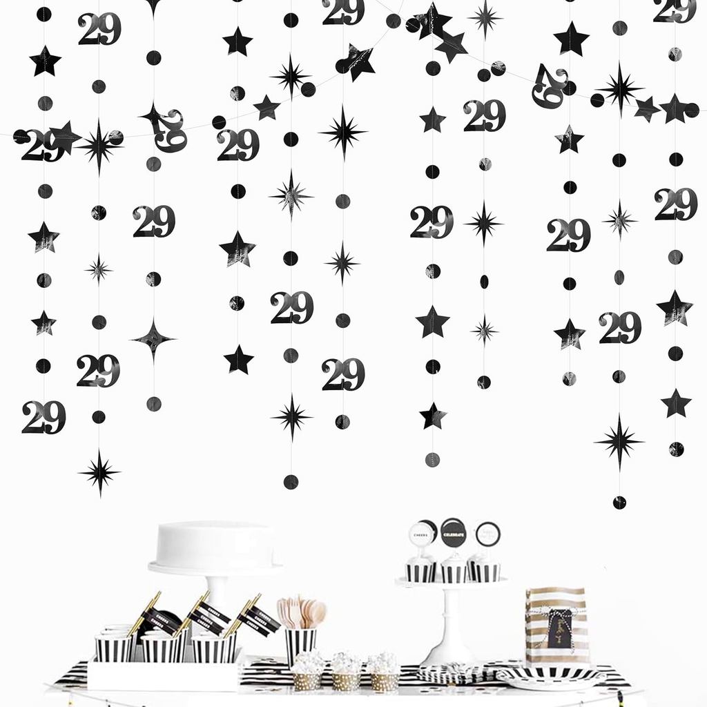 สีดํา 29th ตกแต่งวันเกิดหมายเลข 29 วงกลม Dot Star Garland Streamer แบนเนอร์ฉากหลังสําหรับผู้หญิง Men