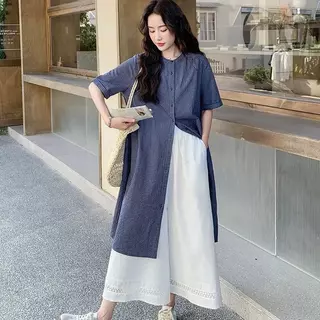 mimi-ชุด 2 ชิ้น สำหรับผู้หญิง:เดรสเชิ้ตทรงหลวมลายตารางสไตล์ญี่ปุ่นสุดอาร์ต + กางเกงขายาวทรงบานลำลอง สไตล์เกาหลี#99555+56
