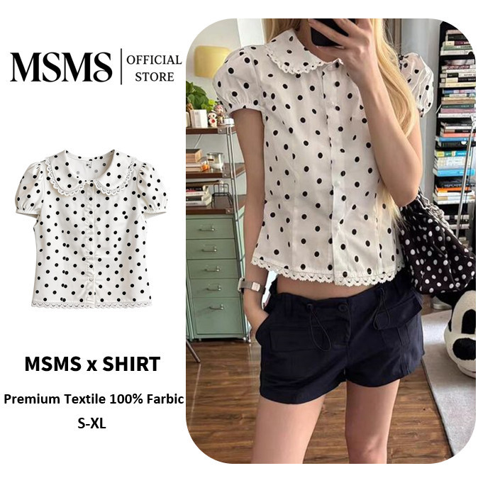 Polka Dot Blouse เสื้อเชิ้ตผู้หญิงลายจุด แขนฟอง คอปกปักลูกไม้ สไตล์ฝรั่งเศสหวานๆ เอวรัด ขนาด S-XL