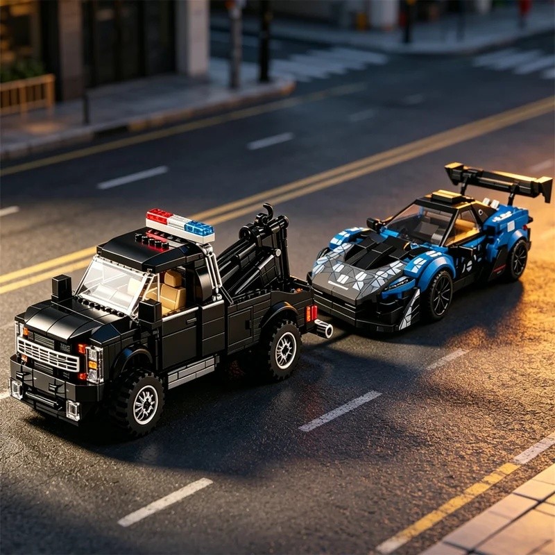 American Police F450 Tractor-Trailer GTR Supercar Building Block Race Car Model Toy Tractor