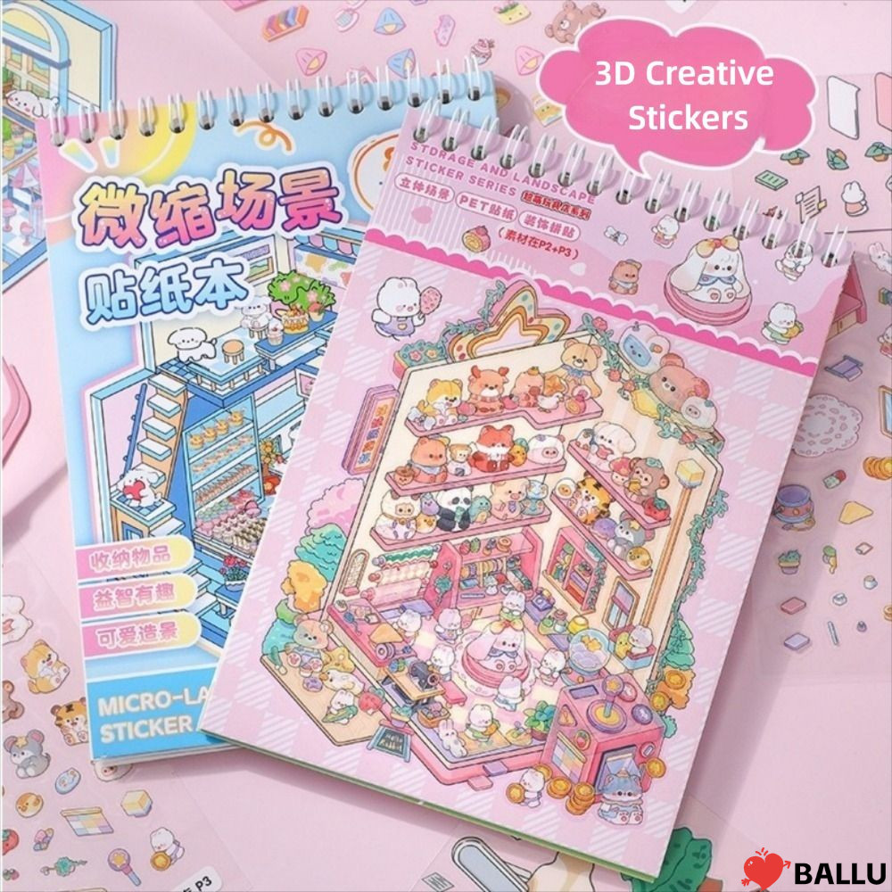 BALLU Cabin Scene Pocket Sticker, Cartoon PET Landscape Sticker Book, DIY Miniature House Sticker Ca