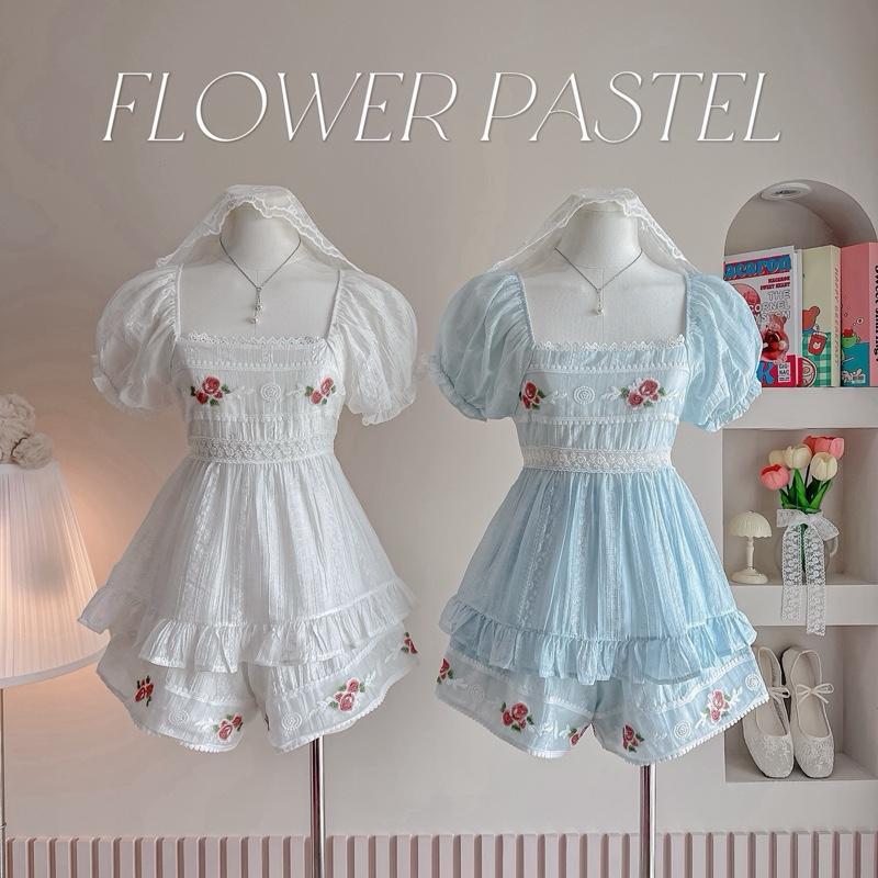 ((มีแยกขายยย  ))FLOWER ROSIE เสื้อแขนตุ๊กตา แต่งลูกไม้ กางเกงลูกไม้น่ารัก  (t85+t80)