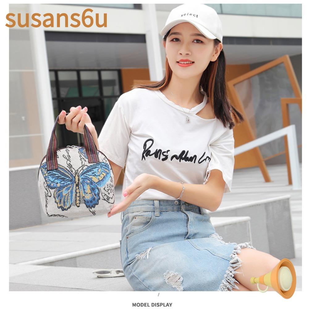 SUSAN Retro Tote Handbag, Printing Dacron Top Handle Handbag, Cotton Linen Handbag