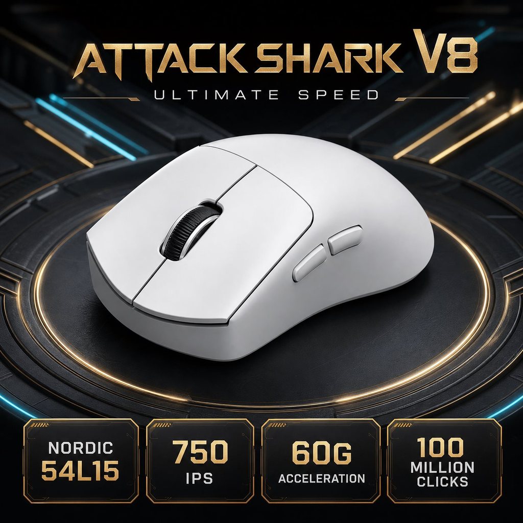 Attack Shark V8 Tri-Mode High-End Gaming Mouse PAW3950Max Sensor Nordic 54L15 MCU 42000 Max DPI 8KHz