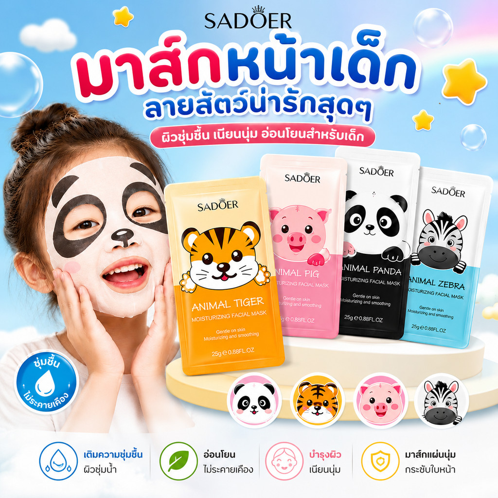 SADOER มาส์กหน้าเด็ก ลายสัตว์ แผ่นมาส์กหน้า สูตรอ่อนโยน เติมความชุ่มชื้น บำรุงผิว ผิวเนียนนุ่ม