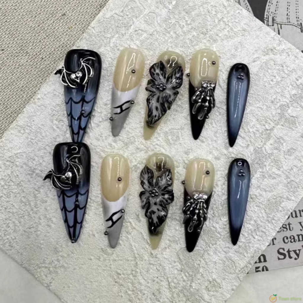 10 ชิ้น Handmade Oval Spider Web Dark สไตล์เล็บปลอม