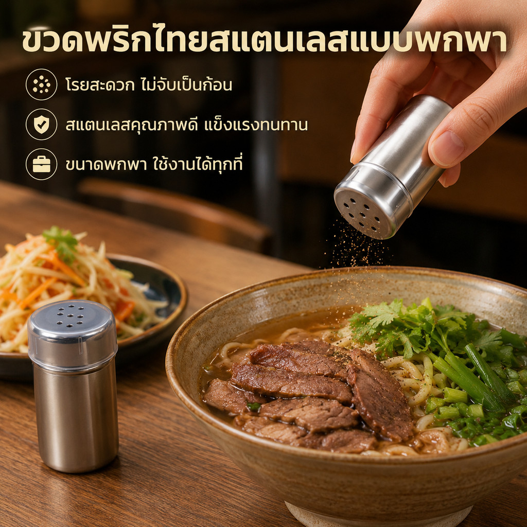 Siam เตรียมปิกนิกให้สะดวกด้วยกระปุกพริกไทยสแตนเลสแบบพกพา ขนาดเล็ก ฝาปิดแน่น โรยง่ายใช้ใส่เกลือและเครื่องเทศได้ทุกมื้อ