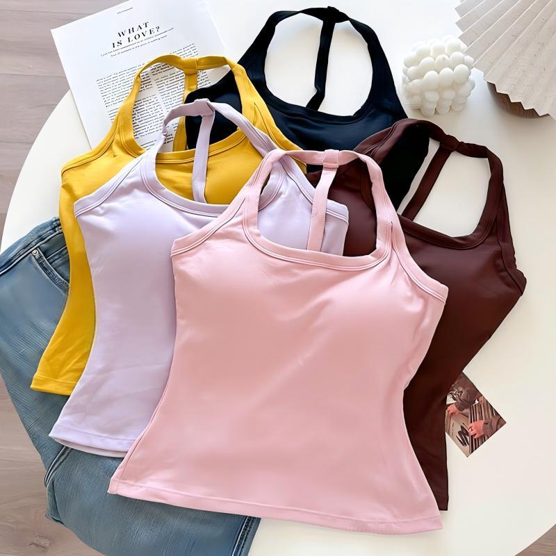 เสื้อสายเดี่ยวคล้องคอผู้หญิง มีแผ่นรองหน้าอกในตัว สีพื้น ผ้าเนื้อนุ่ม สวมใส่สบาย มีหลายสี แมตช์ง่าย FZ074
