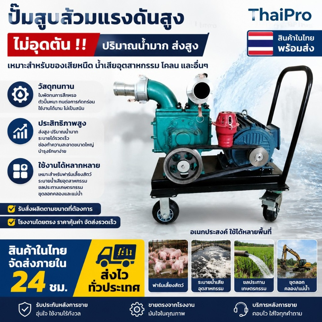 ไม่อุดตัน ปั๊มดูดสิ่งปฏิกูล ปั๊มดูดโคลน ปั๊มสูบน้ำเสียแบบดูดเอง ปั๊มดูดมูลสัตว์ สำหรับฟาร์มหมู ไก่ เป็ด บ่อบำบัดน้ำเสีย