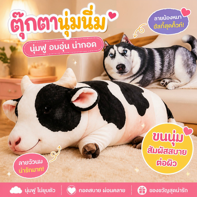 ตุ๊กตาหมอนกอดยาว ลายวัวนม ฮัสกี้ ขนนุ่มมาก สำหรับกอดตอนนอน ไม่ยุบตัว ตกแต่งห้อง ของขวัญวันเกิดสุดน่ารัก