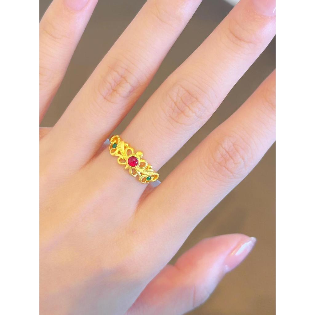 วิธีโบราณเคลือบสีทอง Muqing แหวนหญิง Hollow Gold Zircon สไตล์จีนอ่อนโยน Elegant Niche แหวนเรียบง่าย
