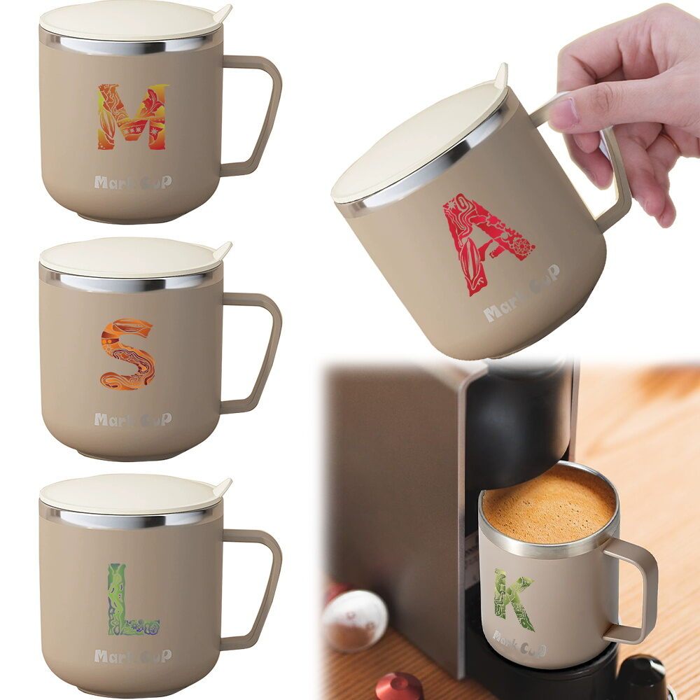 แก้วกาแฟสีน้ำตาล BPA-free พร้อมฝาและหูจับ สแตนเลส เก็บอหภูมิ Engrave Image Series สำหรับบ้านและที่ทำ