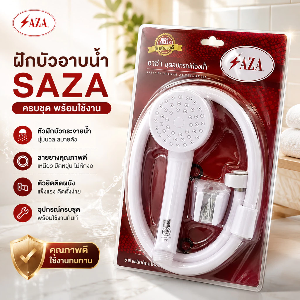 ฝักบัวอาบน้ำ สีขาว Saza ฝักบัวครบชุด ฝักบัวอาบน้ำ พร้อมสาย + ที่ล็อคติดผนัง มีมอก. สวยงาม คงทน