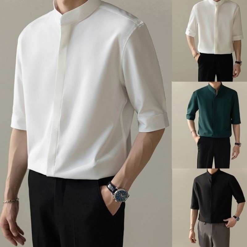 เสื้อคอจีนผู้ชาย สไตล์เกาหลี ผ้านุ่มระบายอากาศดี ไม่ต้องรีด เสื้อลำลองหน้าร้อน