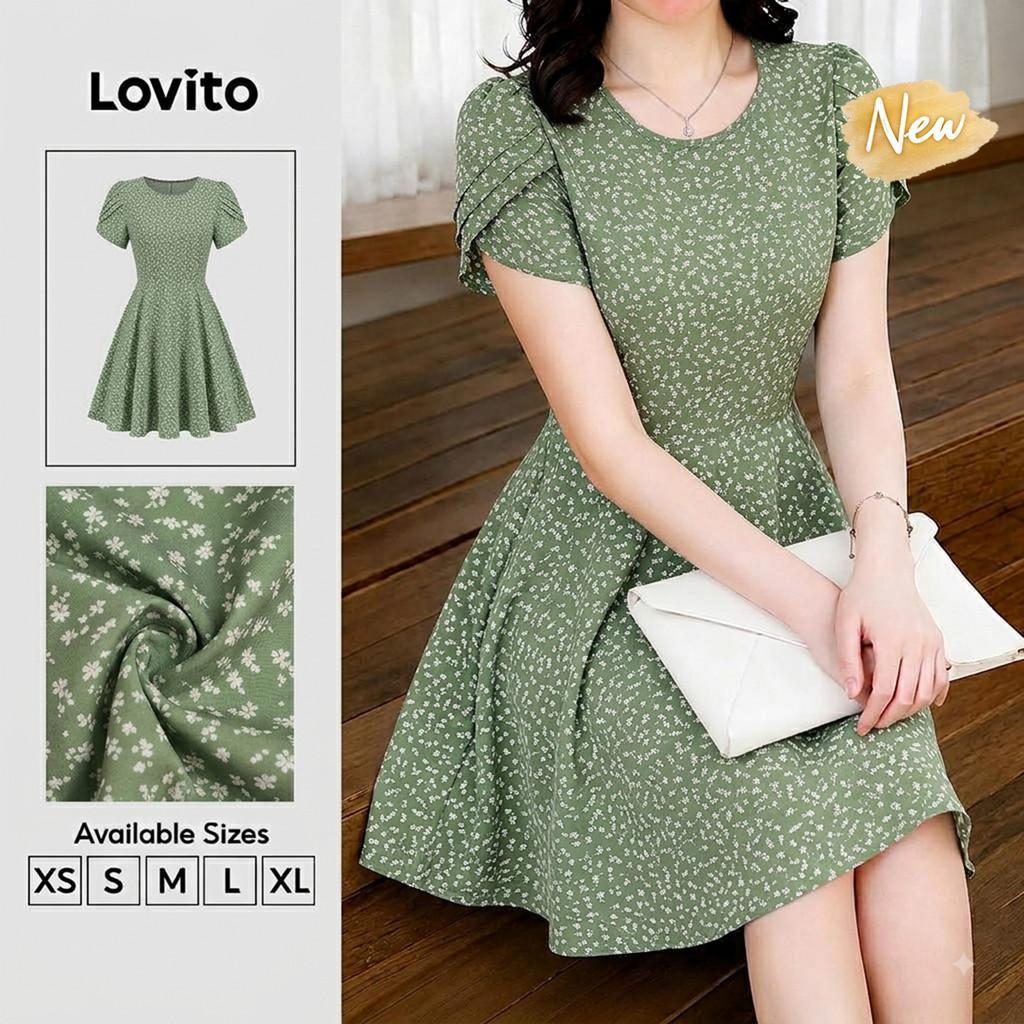 (New Arrival) Lovito เดรสลําลอง เดรสพลีทจับจีบ สีเขียวฤดูใบไม้ผลิ/ฤดูร้อนสําหรับผู้หญิง DRK9P1D157