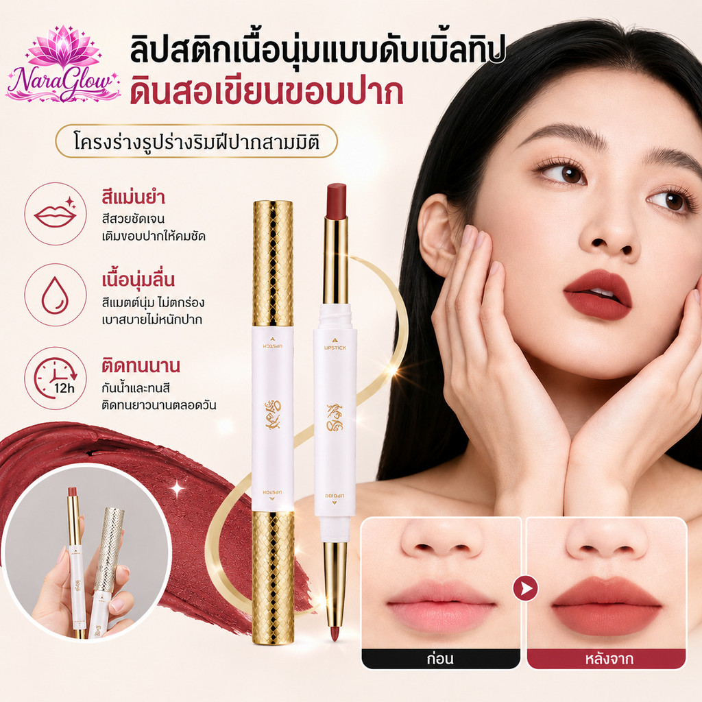 ลิปไลเนอร์เนื้อแมทท์นุ่มละมุนแบบ 2 หัว/ลิปกลอส เนื้อแมตต์ แบบสองหัว ให้ความชุ่มชื้น สองหัว กันน้ํา ลิปสติก