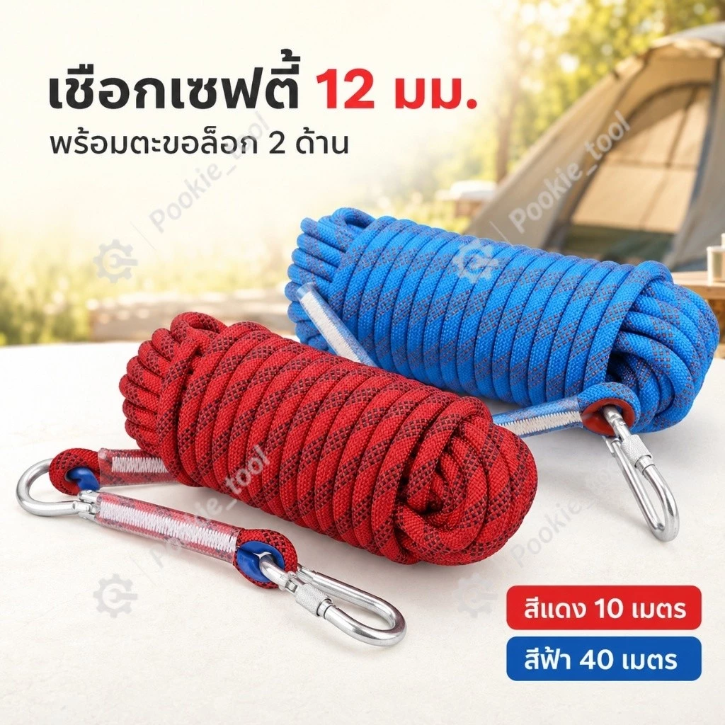 12mm*40m เชือกโรยตัว เชือกปีนเขา อุปกรณ์ปีนเขา อุปกรณ์โรยตัว Climbing Rope w/ Hook High Strength Emergency Safety Fire
