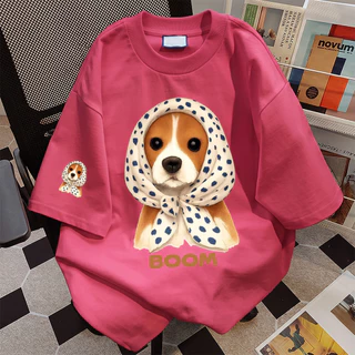 เสื้อยืดโอเวอร์ไซซ์ผู้หญิง ผ้านุ่มหนา Polka dot bandana Corgi แฟชั่นสไตล์เกาหลี