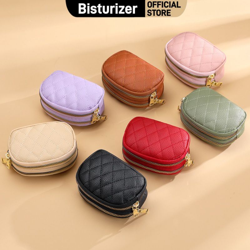 กระเป๋าสตางค์หนัง PU ขนาดเล็ก BISTURIZER พร้อมพวงกุญแจ ความจุขนาดใหญ่ ซิปสองชั้น กระเป๋าใส่บัตรสำหรับผู้หญิง