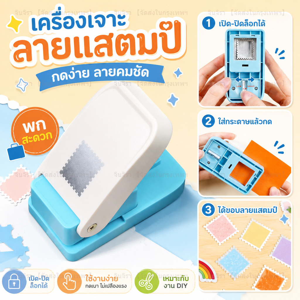 จัดส่งทันที ใหม่แสตมป์รูปร่าง Craft Punch ลายนูนเครื่อง Square Hole Punch ฟัน Puncher Embosser Handmade