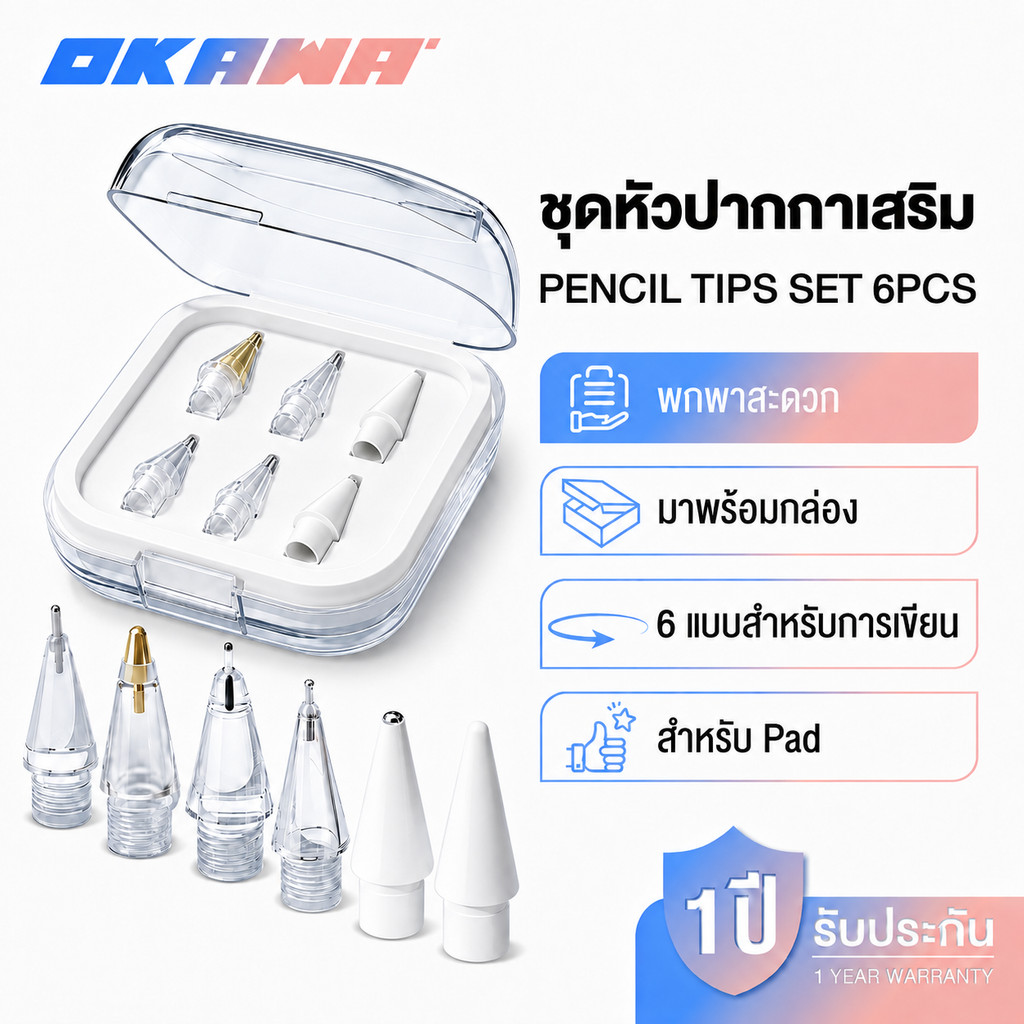 OKAWA ชุดปลายปากกาหัวแหลม 6 ชิ้น สําหรับ iPad Pencil รุ่น 1/2/USB-C - ชุดปลายปากกาเปลี่ยน เขียนลื่น แม่นยำ