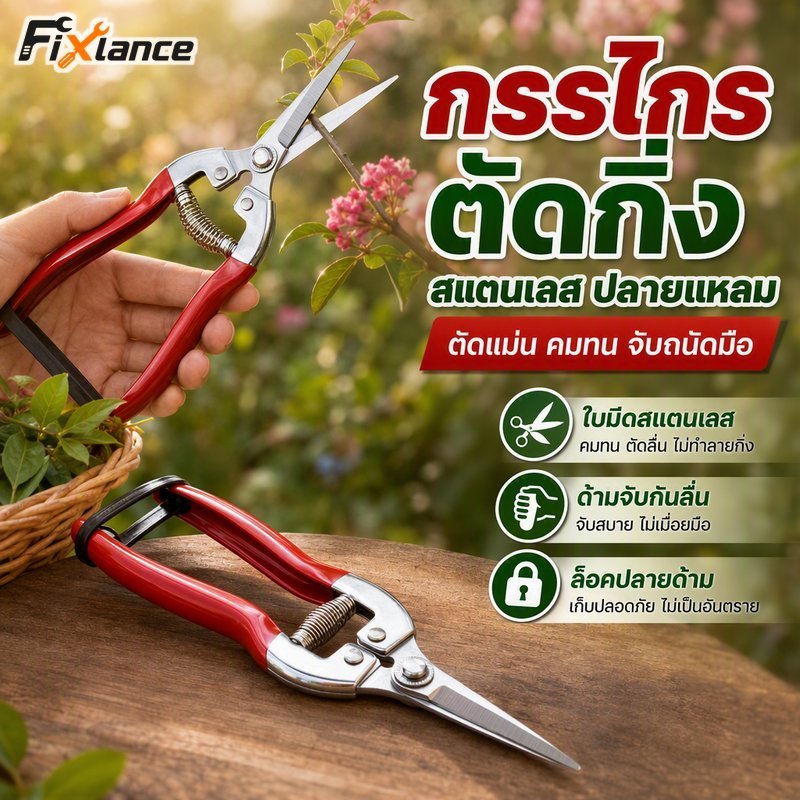 กรรไกรตัดแต่งกิ่งสแตนเลสปลายแหลมตัดที่แม่นยําไม่ลื่นจับสปริงช่วยล็อคความปลอดภัย