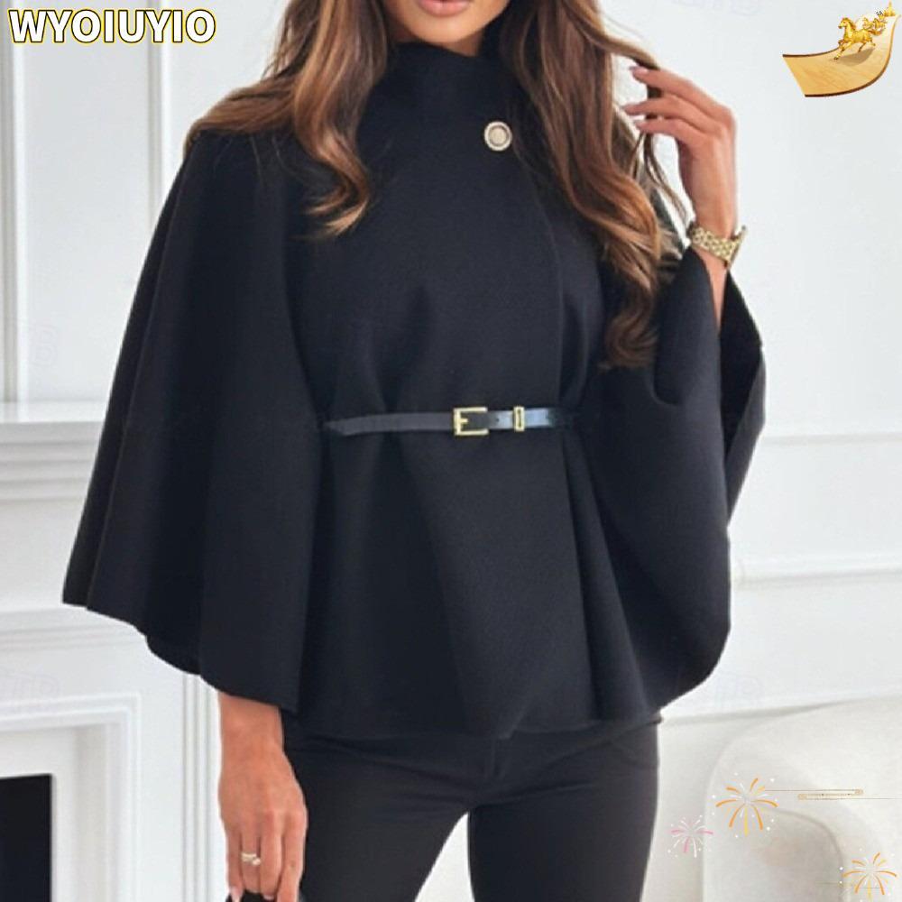 WYOIUYIO เสื้อขนสัตว์ผสม, การออกแบบเข็มขัดหนาสั้น Cape Coat, แนวโน้มหลวม Fit เอวสีทึบ Batwing Sleeve