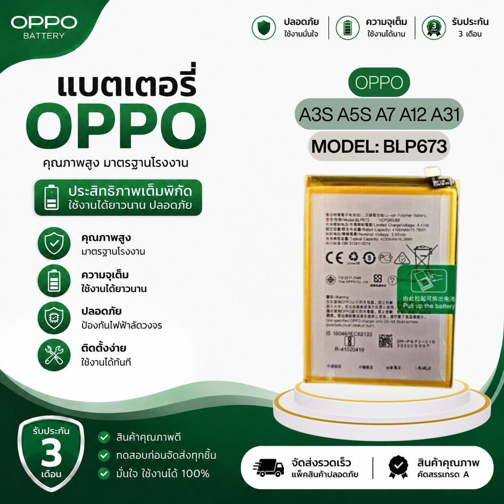 Battery แบต ใช้ได้กับแบตเตอรี่ oppo A3S A5S  A7 (BLP673) แถมฟรี!ชุดเปลี่ยนแบต