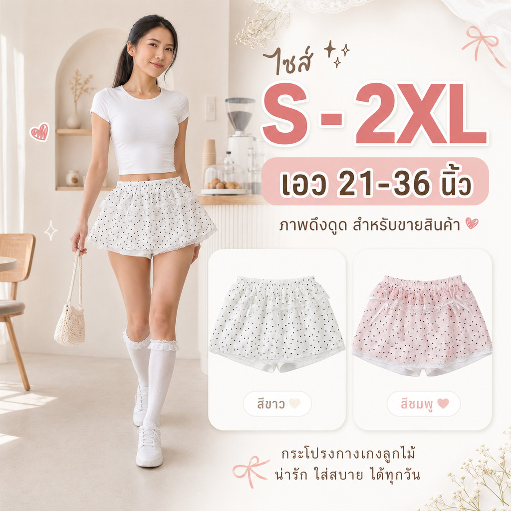 กระโปรงมินิสั้น ลายจุด แต่งขอบลูกไม้ ผ้าชีฟอง เอวยืด เอวสม็อค ใส่ออกมาแล้วน่ารักมาก มีซับใน