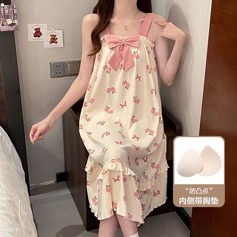 ผู้หญิง camisole nightgown rose ดอกไม้พิมพ์ big bow ตกแต่ง ruffle mirt หลวมสบายๆชุดสุภาพสตรีชุดนอน
