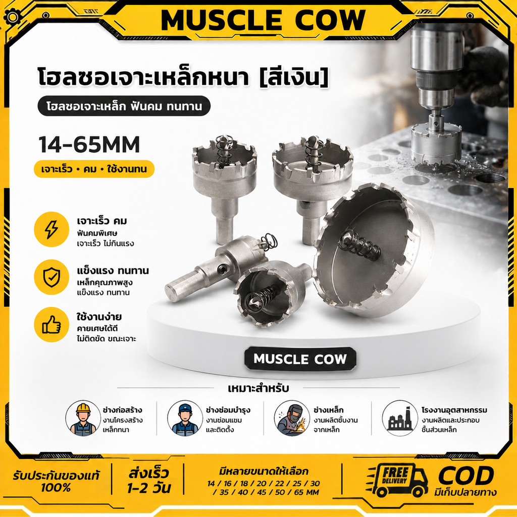 MUSCLE COW โฮลซอเจาะเหล็กหนา โฮลซอคาร์ไบด์ โฮลซอแบบเจาะลึก 14-65 mm เจาะสแตนเลส โฮลซอ เจาะอลูมิเนียม เจาะ pvc ไม
